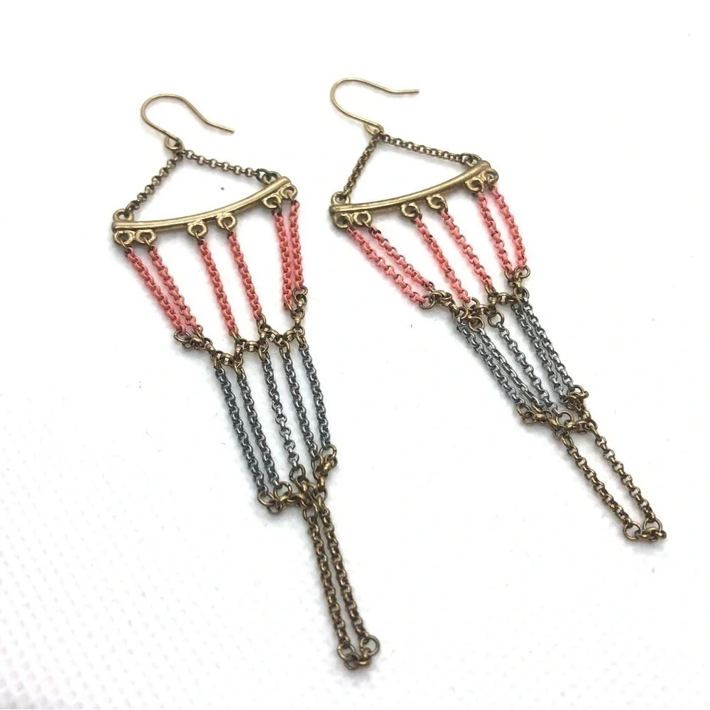 Madewell Coral Silver and Gold Chandelier Chain Earrings
